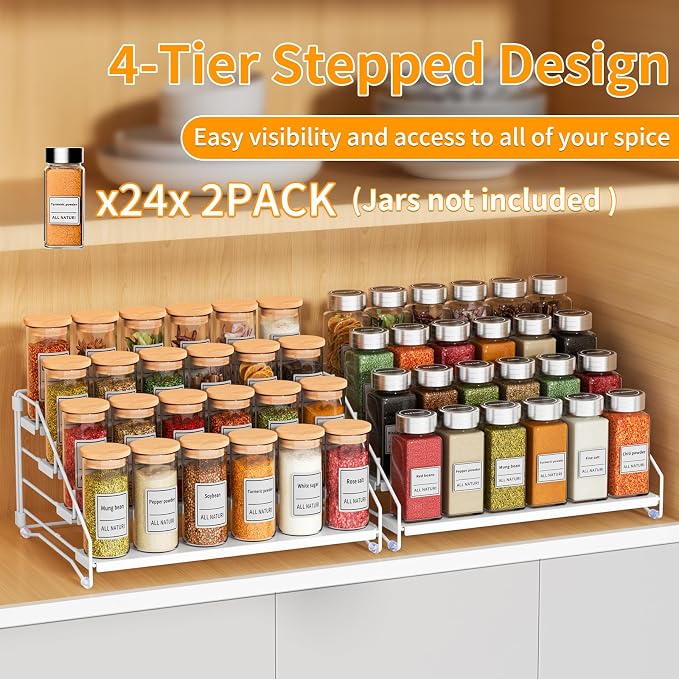 2 Pack Spice Rack Organizer for Cabinet, Depth Adjustable 4 Tier Spice Rack | White, Metal Spice Organization for Cabinet, Easy Visibility, Tiered Spice Rack Perfect for Cabinet, Pantry and Countertop