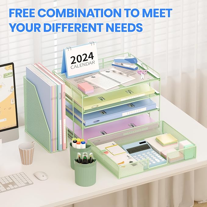 OPNICE Desk Organizer, 4-Tier Desktop File Organizer with Drawer and Pen Holders, Office Desk Accessories, File Sorters, Workspace Organizers for Office Supplies(Green)
