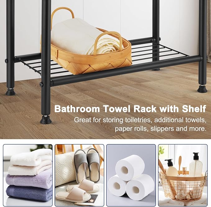 Free Standing Towel Rack, 2 Tier Towel Racks for Bathroom with Storage Shelves, Outdoor Standing Towel Drying Rack for Poolside, Black, DECLUTTR