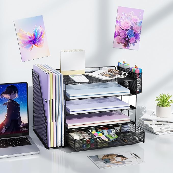 gianotter 5-Tier Desk Organizer with Drawers and File Holders | Letter Trays and Pen Holders - Workspace Accessories for Office Supplies (Black)