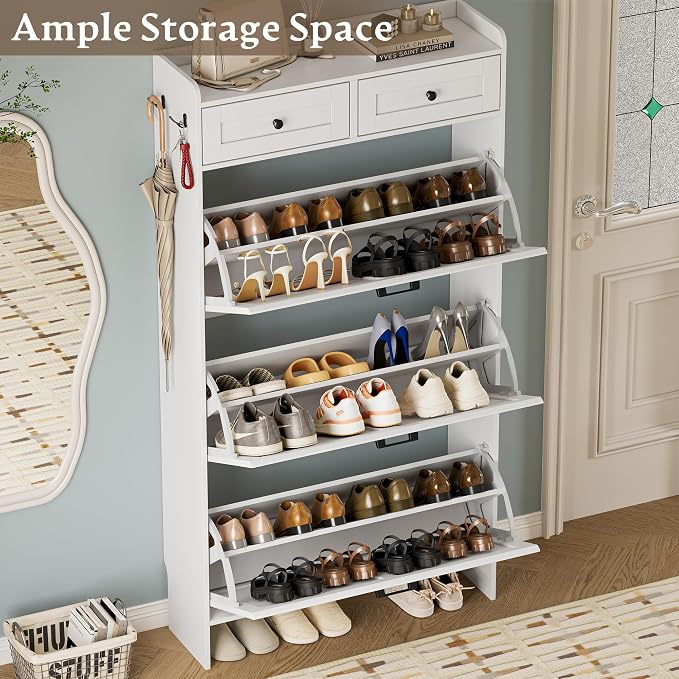 BORNOON Shoe Storage Cabinet for Entryway, Farmhouse Narrow Shoe Cabinet with 3 Flip Drawers & 2 Top Drawers, Adjustable Shelves & Hooks, Freestanding Hidden Rack Organizer for Hallway, Foyer