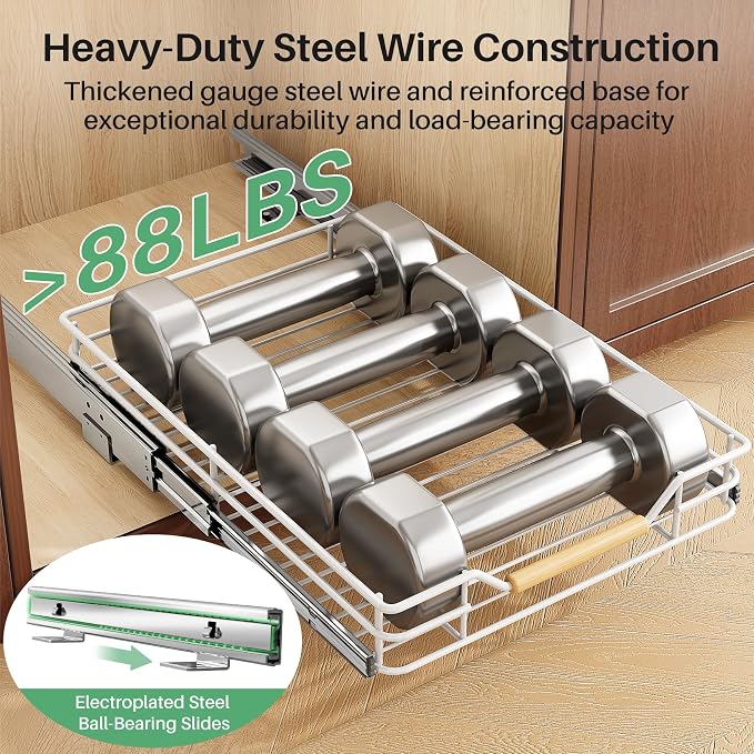 Pull out Cabinet Organizer, 12"W X 21"D, Heavy Duty Smooth Sliding Under Cabinet Shelves for Pots and Pans, Full-Extension Roll out Drawers, Slide out Organization for Home Kitchen Pantry, White