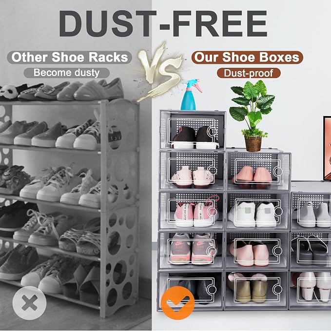 Kuject 12 Pack Large Shoe Boxes, Clear Stackable Containers with Lids,Grey | Shoe organizers for closet & entryway, under-bed,Drop-front design fits women's size 10