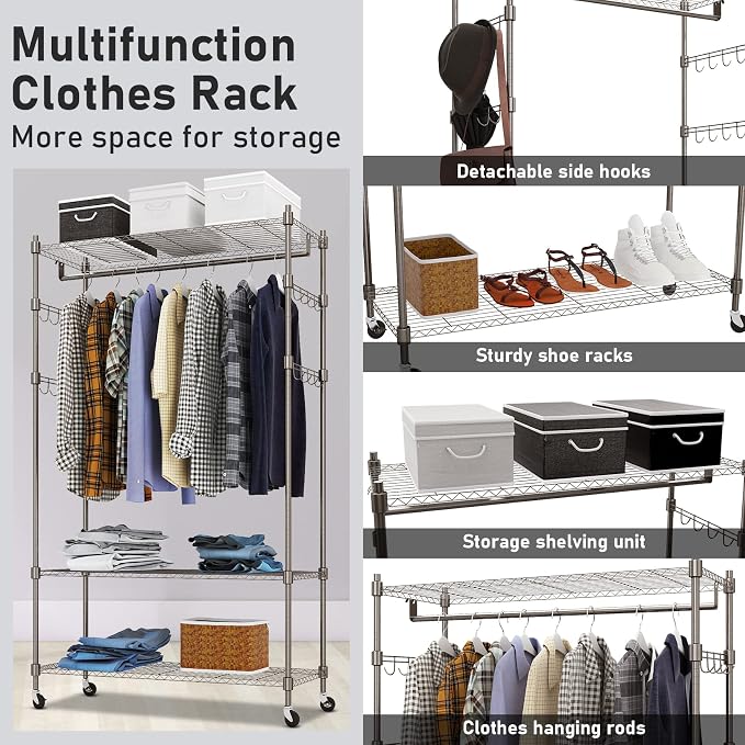Heavy Duty Clothes Rack, Adjustable Rolling Garment Rack with Shelves, Freestanding Wardrobe Rack 1 Clothes Hanging Bar, 3 tired Wire Shelving, 4 Hanger Hooks - Hold Up to 400Lbs (Gray, 1Rod 4Hook)