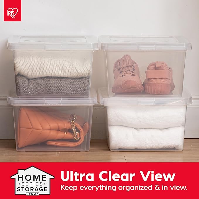 IRIS USA 4-Pack 15 Qt Storage Bins with Lids, Clear, Stackable | Ideal for shoes, crafts, office supplies and pantry items, nestable design, transparent design makes contents easy to find