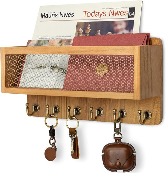 Rebee Vision Key Holder Wall Mount with 6 Hooks for Entryway, Light Brown | Key Holder for Wall, Mail Storage, Mesh Storage Basket, Key Rack & Storage Organizer, Space-Saving Design, Home Decor