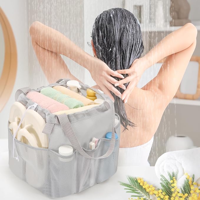 famichan Mesh Shower Caddy Portable with Drawstring, Dorm Room Essentials for College Students, Grey Shower Bag for Camping,Swimming,Gym,Travel,Bathroom