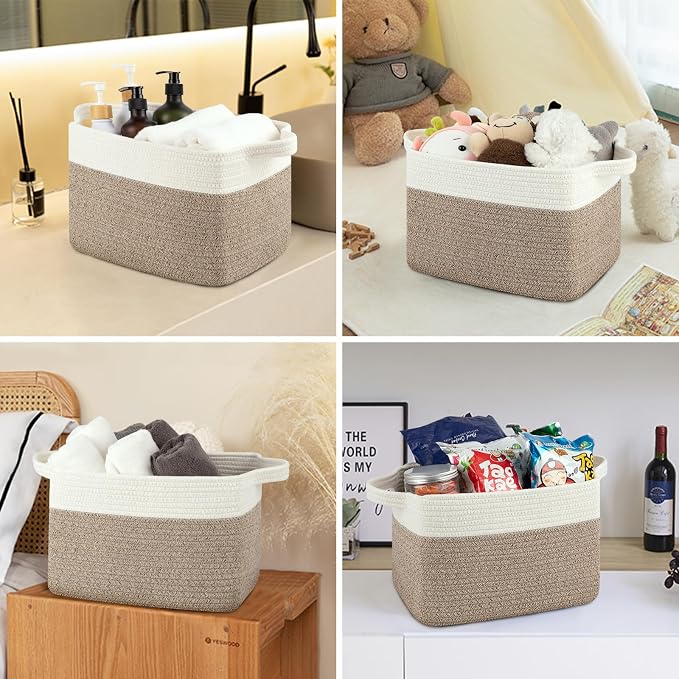 OIASKET Storage Baskets for Organizing, Woven Baskets for Shelves, Rectangle Decorative Organizer for Storage Clothes, Toy, Books, Towels Nursery Bins 3 Pack (Brown & White, 13"x9.85"x8.7")