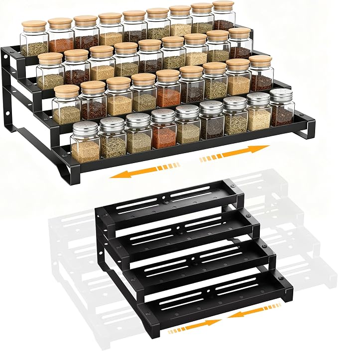 Spice Rack Organizer for Cabinet, 13-21.5" Expandable Spicy Shelf | 11.6" Wide 4-Tier Black Metal Seasoning Organizer, Kitchen Spice Organization, Slip-Resistant Guardrails for Jars and Cans