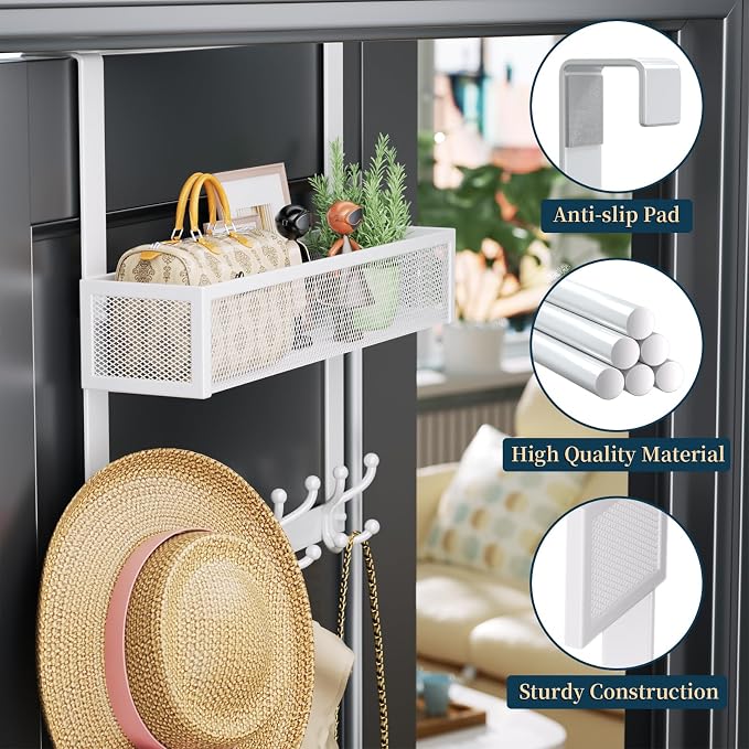 Consumest Over The Door Hooks Organizer - 2 Tier Over Door Hanger with 16 Hooks & 2 Baskets for Hanging Coat, Clothing, Towel, Back Storage for Bathroom, Closet, College Dorm, White