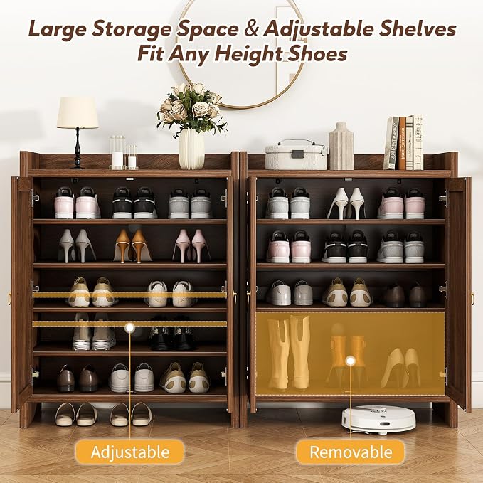 Shoe Cabinet Storage for Entryway - Rattan Entry Way Shoe Storage Cabinet with Adjustable Shelves, Wood Shoe Organizer Cabinet, Accent Cabinet with Doors for Entrance Hallway Living Room Foyer