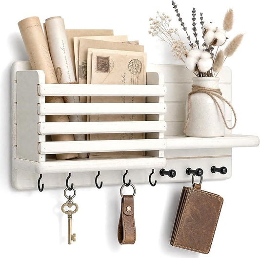 Rebee Vision Key Holder Wall Mount with Mail Slot for Hoom Decor, White | Pine Wood, Key Holder for Wall, Storage Shelf, 8 Key Hooks, Dog Leash Storage, Mail Organizer, key Hanger Apartment Aesthetic
