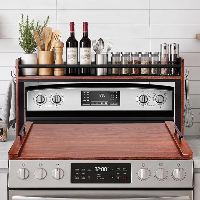 Spice Rack Shelf for Kitchen Stove, Over The Stove Shelf with 4 Hooks, Premium Wood & Metal Commbined Spice Rack Organizer Extra Storage Countertop (Walnut)
