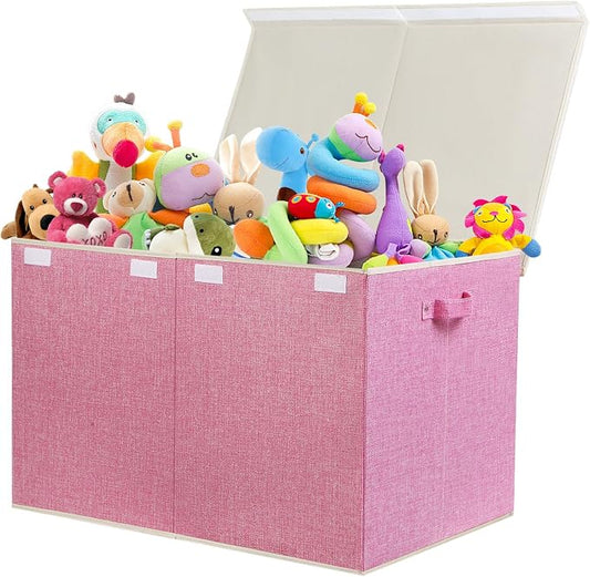 122L Large Toy Box Chest Storage with Lid, Collapsible Kids Toy Storage | Toy Chest with with Removable Divider for Kids, Boys, Girls, Nursery, Living Room, Bedroom, 26"x17" x17" (Linen Pink)