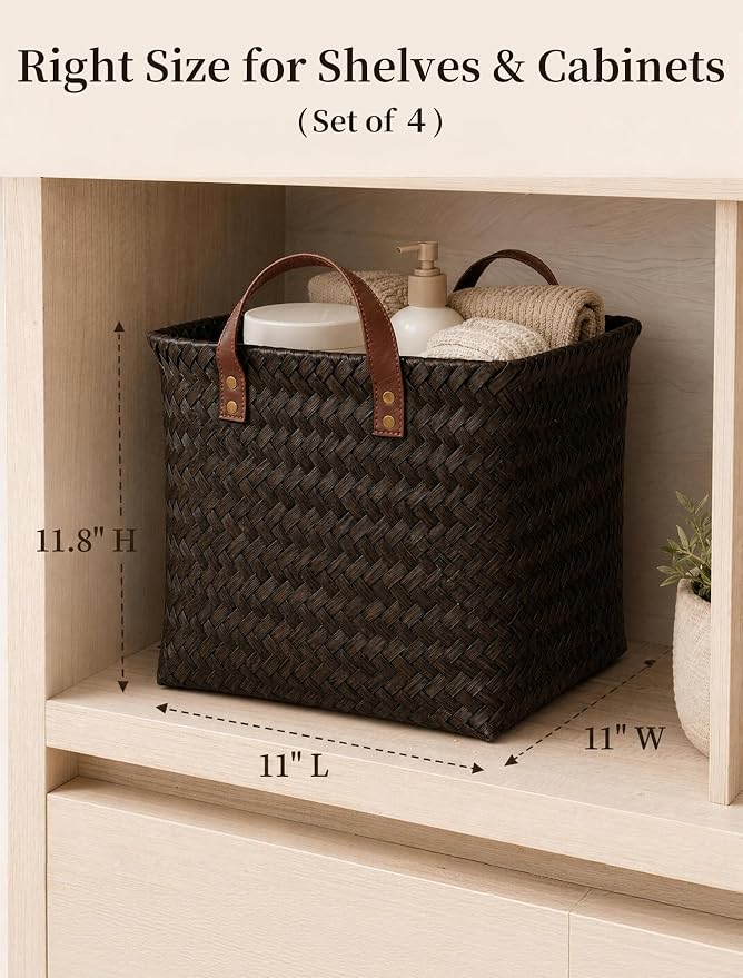 Wicker Storage Baskets, 4 Pack Woven Baskets for Shelves, Dark Gold | PP Rattan, Water-resistant Wicker Basket, Large Baskets with Faux Leather Handles for Blanket, Laundry Organizer, Room Decor