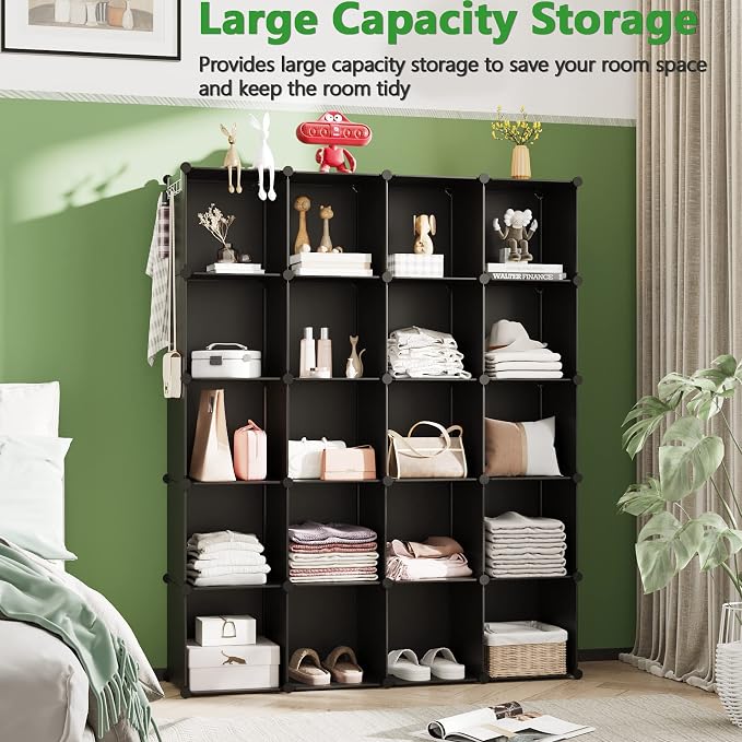 C&AHOME 20-Cube Shelf, Plastic Cube Storage Organizer, DIY Bookshelf Black | Stackable Modular Closet Cabinet Ideal for Bedroom, Living Room, Office, 48.4" L x 12.4" W x 60.6" H