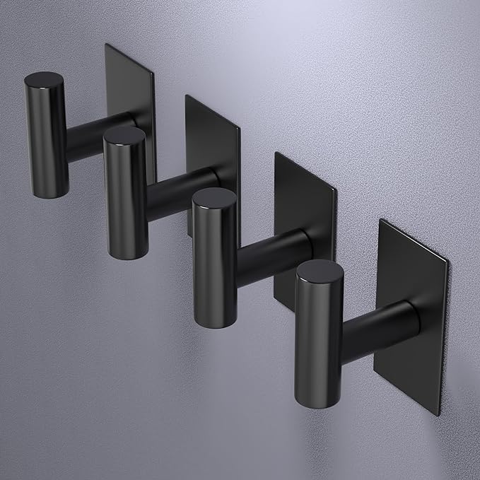 VAEHOLD Wall Towel Hooks, Heavy Duty Sticky Holder Waterproof Towel Hooks for Hanging Coat, Clothes, Closet Hook Wall Mount for Kitchen (Black, 2 Pack)