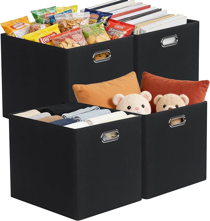 Posprica 3X Thicker Collapsible Storage Bins,13×15x13 Foldable Storage Cube Boxes Fabric Drawer for Closet Shelf Cabinet Bookcase, set of 4 (Pure Black)