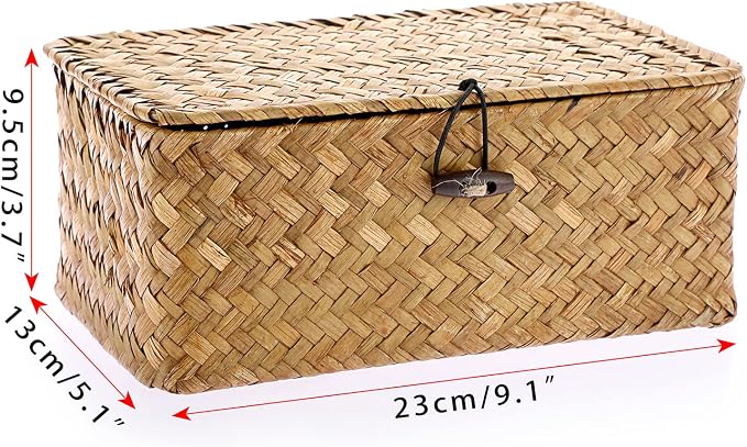 Hipiwe Wicker Shelf Baskets Bin with Lid X-Small Handwoven Basket for Shelf | Natural Seagrass Storage Box, Rectangular Household Basket Boxes for Wardrobe Home Organizer, Caramel