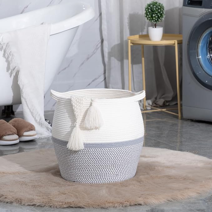 KAKAMAY Woven Baskets for Storage(17"x17"),Large Cotton Rope Woven Baby Laundry Hamper,Collapsible Laundry Basket, Blanket Basket for Organizing Living Room,Nursery,Pillows,Toy Chest(Grey)