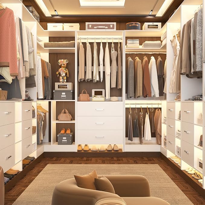 Aheaplus Closet System with 3 Drawers, 5 Hanging Rods & Corner Tower, Corner Closet System with Hanging, 88.8" U-Shaped Walk-In Wardrobe Organizer, 2000+ lbs Capacity, Set of 3,White