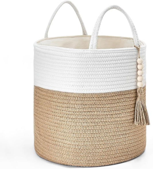 Mkono Woven Storage Basket for Blanket, Toys Plant Organizer, 11"W x 11"L | Cream White and Brown, Decorative Basket with Handle, Wood Beads Tassel, Shoes Towel Storage Bin, Living Room Bedroom Nursery