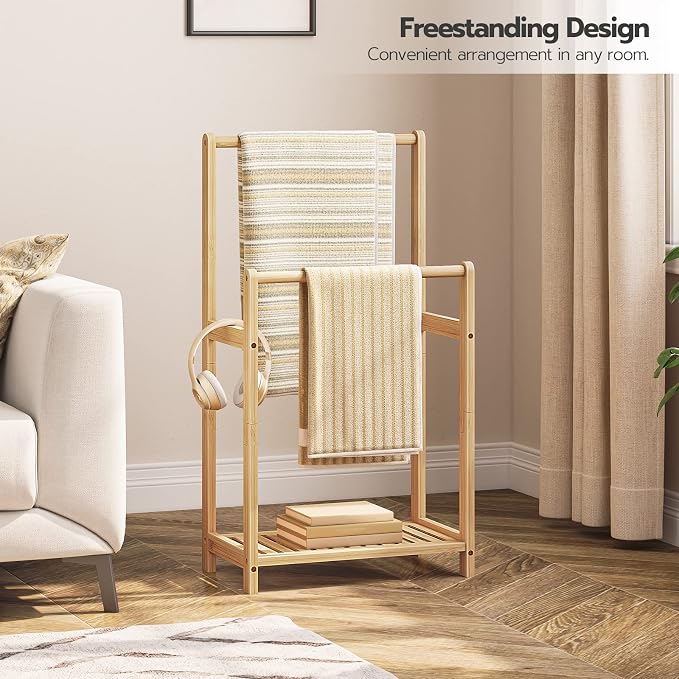 HOOBRO Freestanding Towel Rack for Bathroom, 2 Tier Decorative Bamboo Blanket Rack, Quilt Display Stand with Storage Shelf, 16.5" L x 9.4" W x 30.5" H, Bedroom, Living Room, Natural Color YL02LB01