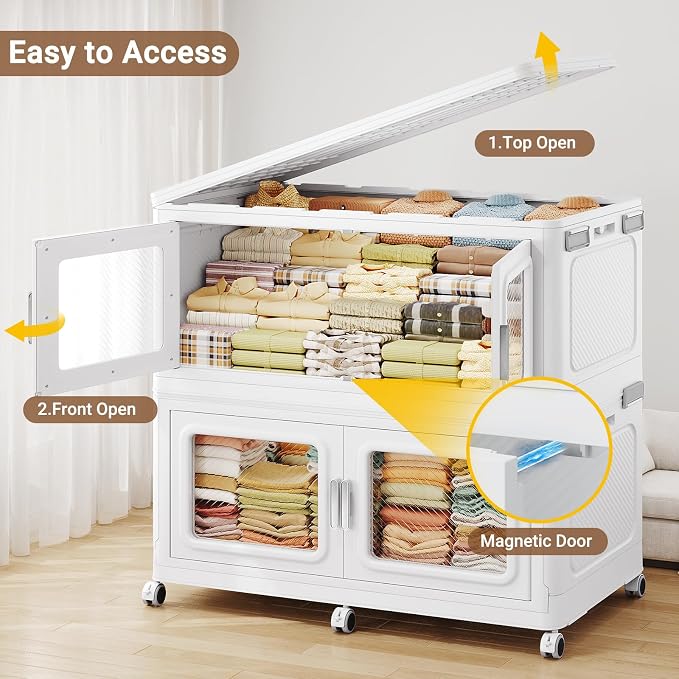 BROVIEW 220 Qt/55 Gal Stackable Storage Bins with Lids, 1 Pack, White | Large Stackable Storage Boxes w/ 1 Lid Folding Plastic Cart Organizer for Home Kitchen, Open Front Clear Door with Wheels