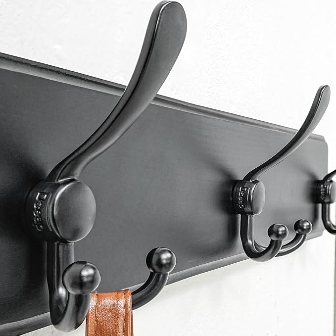 Coat Rack Wall Mounted - 5 Tri Hooks, Heavy Duty, Wooden Wall Coat Hanger Coat Hook for Clothes Hat Jacket Clothing, Black