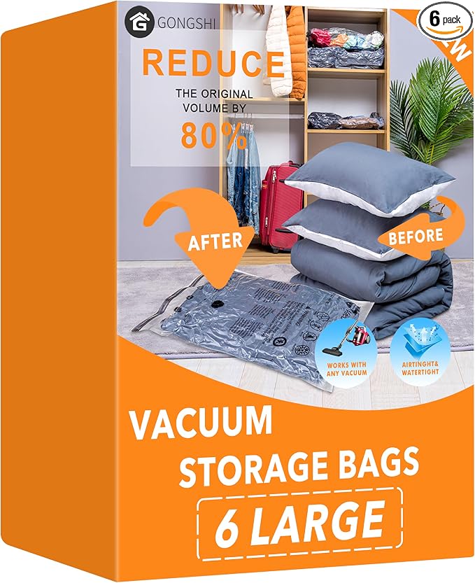 GONGSHI Vacuum Storage Bags, Space Saver Seal Bags For Clothing, Travel Luggage,Blankets, Comforters, Pillows, Clothes Storage.6 Large