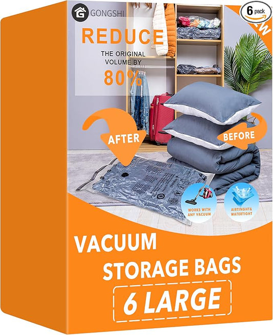 GONGSHI Vacuum Storage Bags, Space Saver Seal Bags For Clothing, Travel Luggage,Blankets, Comforters, Pillows, Clothes Storage.6 Large