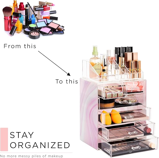 Sorbus Acrylic Makeup Organizer Set, 6-Drawer Vanity & Countertop Cosmetic Storage with Small & Wide Compartments, Tie Dye Makeup Storage for Brushes, Jewelry – Holiday Gift for Women & Teens
