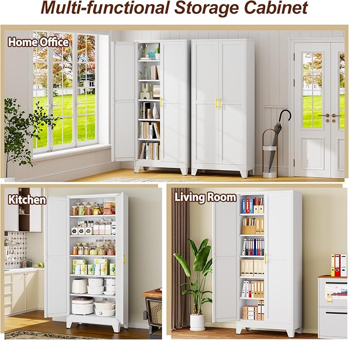 75" White Metal Storage Cabinet with 2 Doors and 5 Adjustable Shelves,Steel Garage Tool Cabinet, File Cabinet,Kitchen Pantry Cabinet for Home,Office,Garage,School,Warehouse