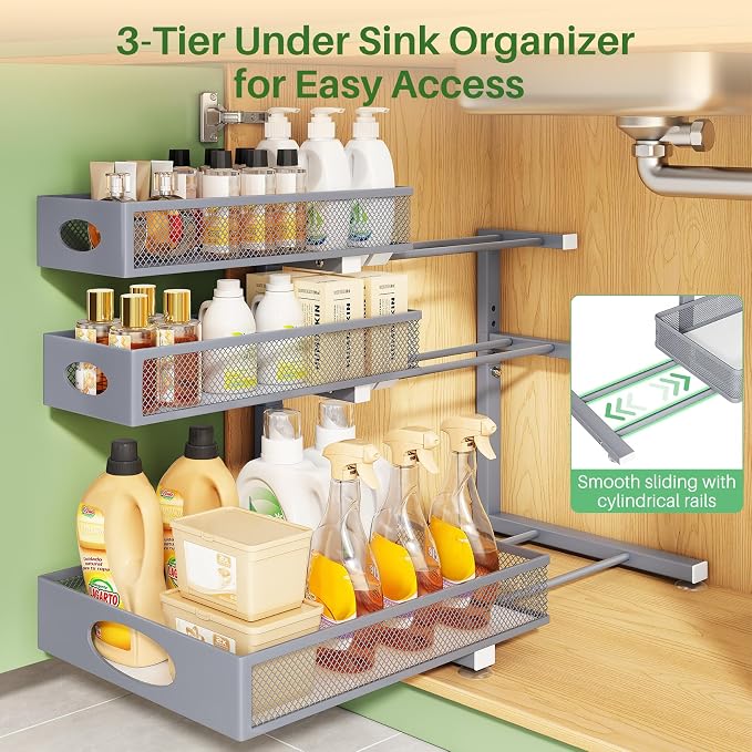 Kitstorack Under Sink Organizer 3-Tier Slide Out Drawer 2-Pack Grey | Height Adjustable, Metal Mesh Storage Rack, Pull out Cabinet Organizer Shelf for Bathroom Kitchen Pantry Home Organization