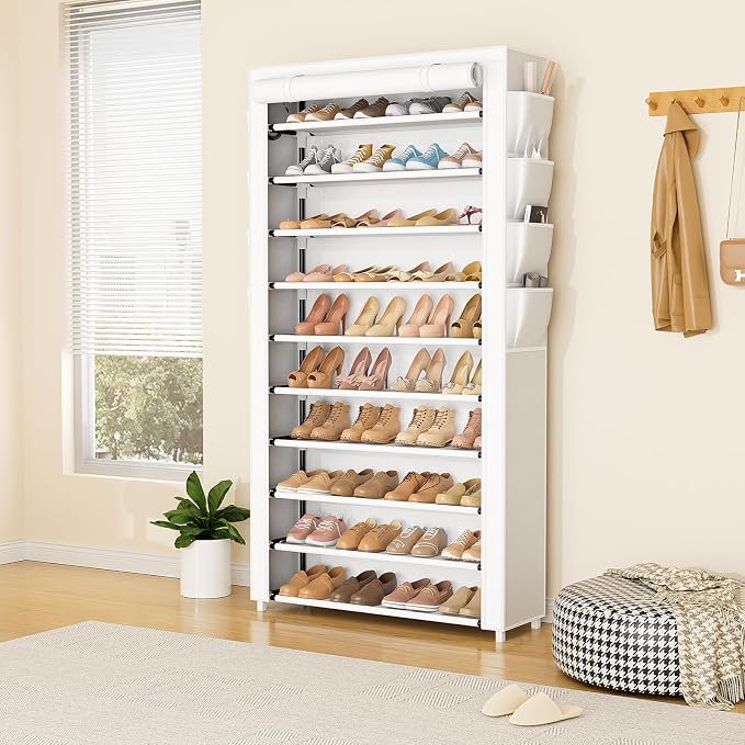 VTRIN Tall Shoe Rack with Cover, 10 Tier Shoe Organizer Storage for 50-55 Pairs Shoes and Boots Large Capacity Shoe Shelf with 8 Pockets Free Standing Shoe Rack for Closet, Entryway, Garage, White