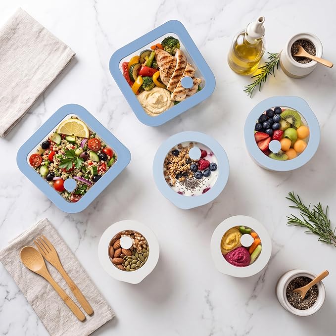 Glass Food Container Set with Silicone Glass Lid, Square & Round Shape, 6 Pack, Airtight, LeakProof, 100% Plastic Free, Meal Prep Food Storage Containers, Blue & White Color