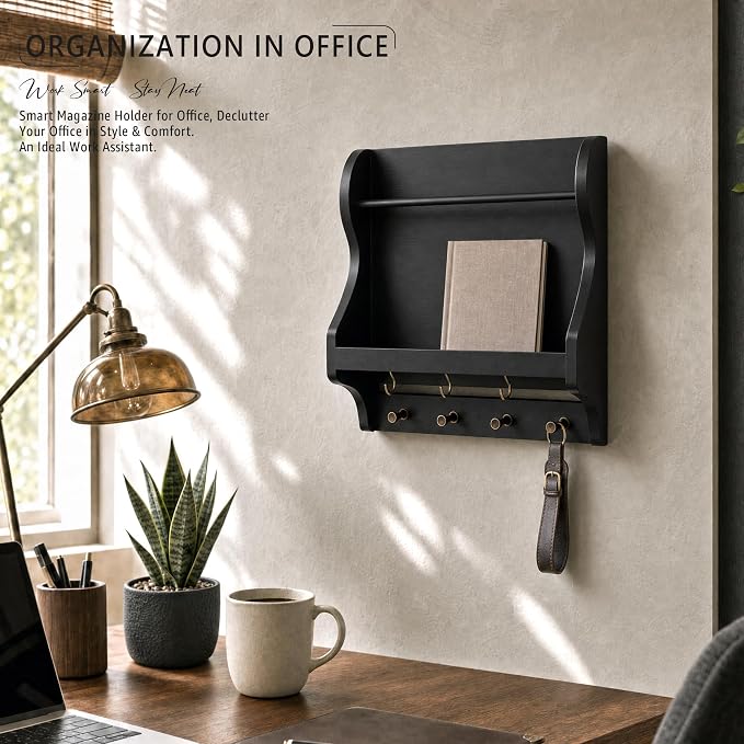 Pine Wood Mail Organizer Wall Mount with 7 Key Hooks for Home Decor, Black | Mail Holder for Wall, Key Hanger for Keys and Wallets, Magazine Holder for Paper, Bill Storage, Apartment Rustic Aesthetic