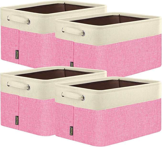 BALEINE 4 Pack Fabric Closet Storage Bins for Shelves, Linen Closet Organizers and Storage, Decorative Baskets for Organizing, Shelf, Clothes, Home, Office (Pink, 12"x8"x8")