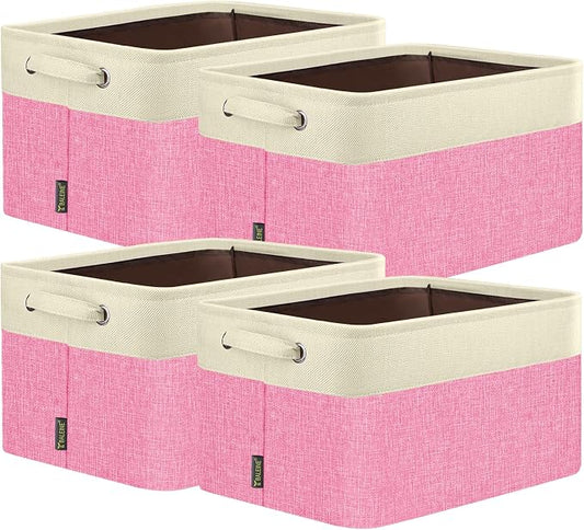 BALEINE 4 Pack Fabric Closet Storage Bins for Shelves, Linen Closet Organizers and Storage, Decorative Baskets for Organizing, Shelf, Clothes, Home, Office (Pink, 12"x8"x8")