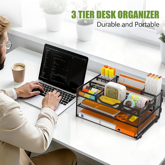 3 Tier Metal Desk Organizer with Magazine File Holder, Black | Space saving workspace desk file trays. Includes pencil holder and portable handles. Ideal for school and office supplies