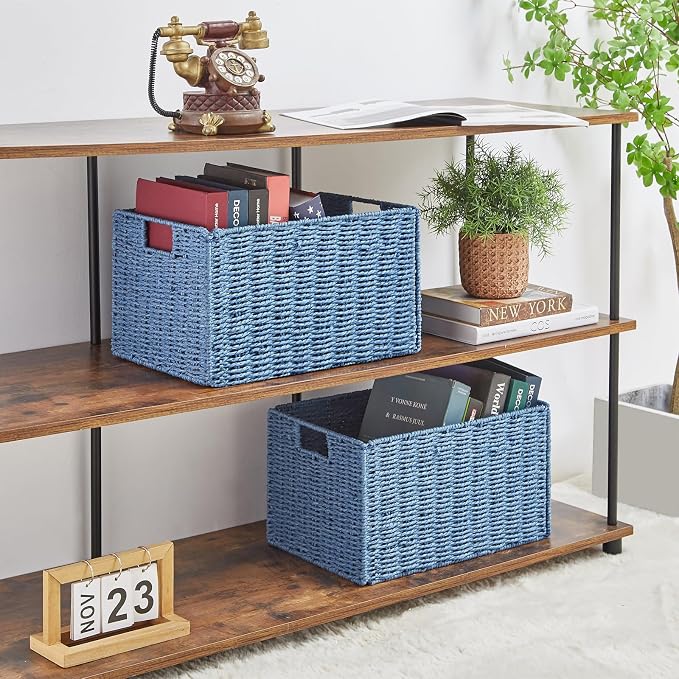 Vagusicc Wicker Storage Basket, Set of 2 Hand-Woven Paper Rope Wicker Basket, Large Storage Baskets for Organizing Toilet Paper, Foldable Cube Storage Organizer Bins for Shelves (Blue)