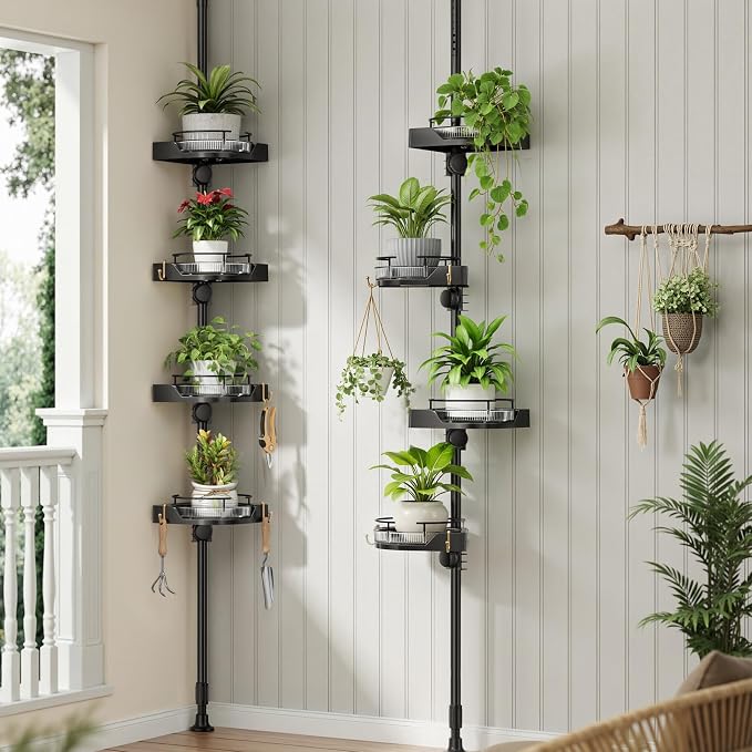 360° Rotating Corner Shower Caddy Tension Pole Organizer (Black) | 4-Tier rotating shelves with hooks, adjustable tray height, upgraded rustproof metal pole, removable trays for shower storage