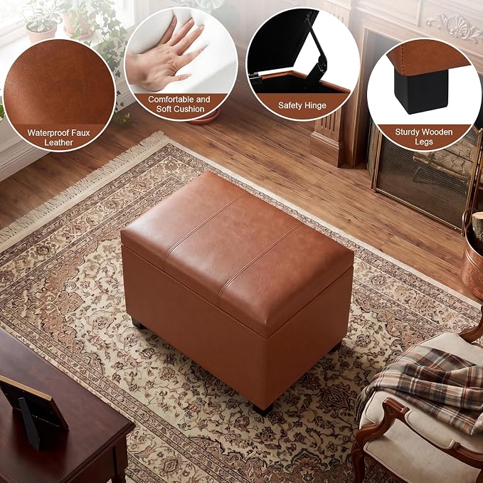 24" Leather Storage Ottoman Bench, Rectangle Foot Rest Stool for Living Room, Bedroom, Entryway, Cognac Brown