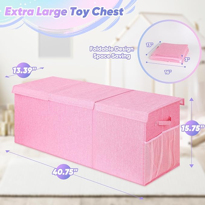 Extra Large Toy Box with Lids, Collapsible Storage Chest, 40"x16"x16" Pink | Sturdy Toy Storage Organizer with Dividers, Toybox for Kids Boys Girls, Bedroom Nursery Playroom Organization