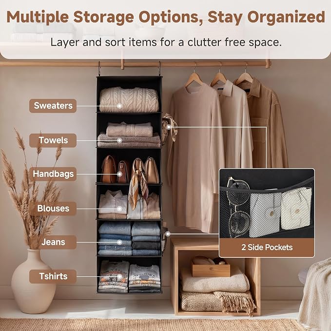StorageWorks Hanging Closet Organizer 6-Shelf, Jumbo Separable Two 3 Shelf Closet Storage Organizer with Side Pockets, Portable Hanging Shelves for Wardrobe, RVs, 13 "D x 15 "W x 47 ¼"H, Black