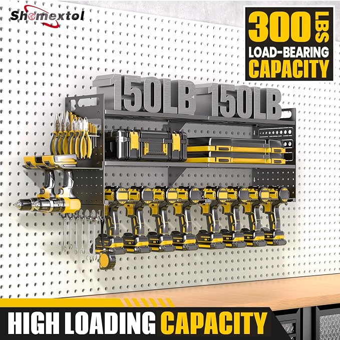 33" W Power Tool Organizer Wall Mount, 3-Layer,10 Drill Holders | Tool Storage Rack, Heavy Duty 300 lb Load Capacity for Garage Workshop, Black, Gift for Men