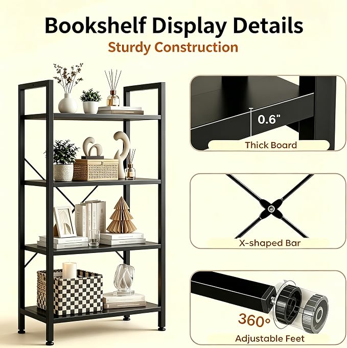 HealSmart 4 Tier Bookshelf, Free Standing Book Shelf Home Office Bookcase Shelf Storage Organizer for Bedroom, Bathroom, Living Room, Office, Balcony, Black
