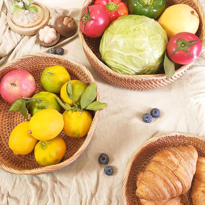 8.7" Wave Small Wicker Basket, Natural Rattan Bread & Fruit & Key Bowl | Well-Made Handwoven Natural Basket, Versatile Decorative Key Bowl for Entryway Table, Kitchen Counter, Bedside, Living Room