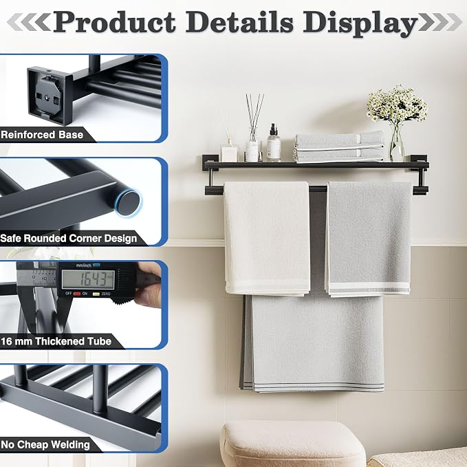 Alise Double Towel Rack for Bathroom Wall Mounted 24 Inch,Matte Black | Bathroom Tower Holder Towel Shelf with Double Towel Bars,SUS304 Stainless Steel Towel Rack with Shelf for Lavatory Kitchen
