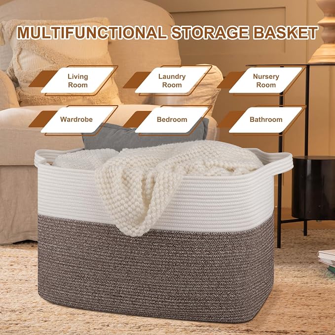 OIASKET 108L Cotton Rope Storage Basket for Living Room and Bedroom 25"x16"x16" Woven Laundry Basket, Heavy Duty Bin for Blankets, Pillows & Toys, Pet-Safe & Scratch-Free, Dark Brown and White